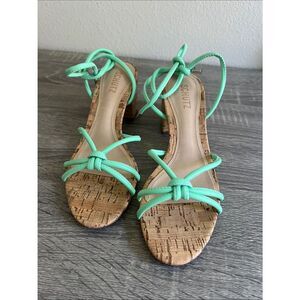 New Schutz Mint Green Cork Block Heel Ankle Wrap Sandals Women’s 7.5B